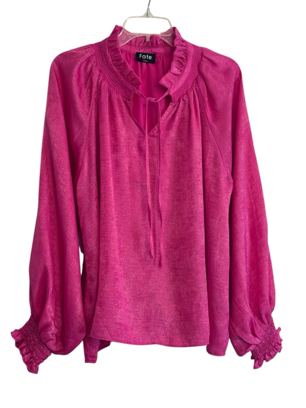 Fate Pink Shimmery Tie-Neck Blouse with Balloon Sleeves
